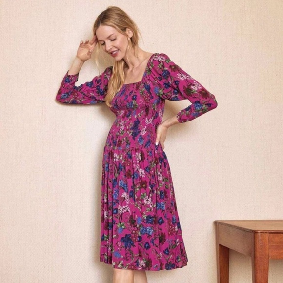 EUC Hatch The Freya Maternity Smocked Long Sleeve Dress Pink Queen Floral 2 M - Picture 1 of 10